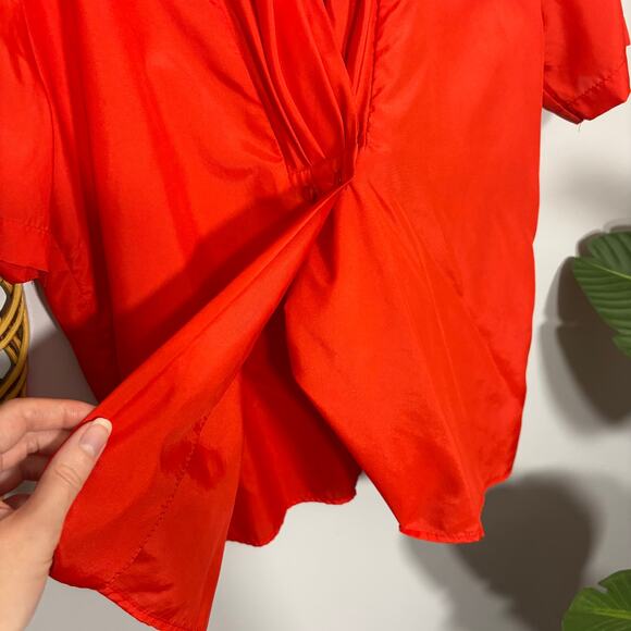 Vtg Red Draped Blouse Snap Neck Button Front Short Sleeve 80s | Bright Spring - Picture 11 of 12